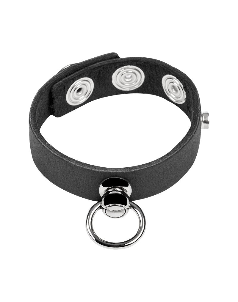 Rimba Bondage Play – Leder-Penisring mit Metall-O-Ring – Schwarz & Silber