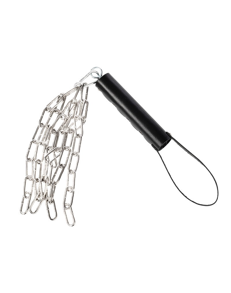 Rimba Bondage Play – Lederpeitsche mit Metallkette – Schwarz & Silber