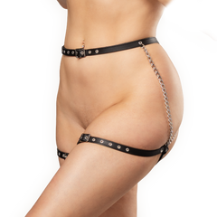 Rimba Bondage Play – Bondage-Harnisch aus Leder mit Metallketten – Schwarz & Silber
