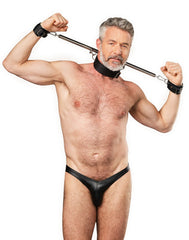 Rimba Bondage Play – Verstellbare Spreizstange mit Hals- und Handfesseln – Schwarz & Silber