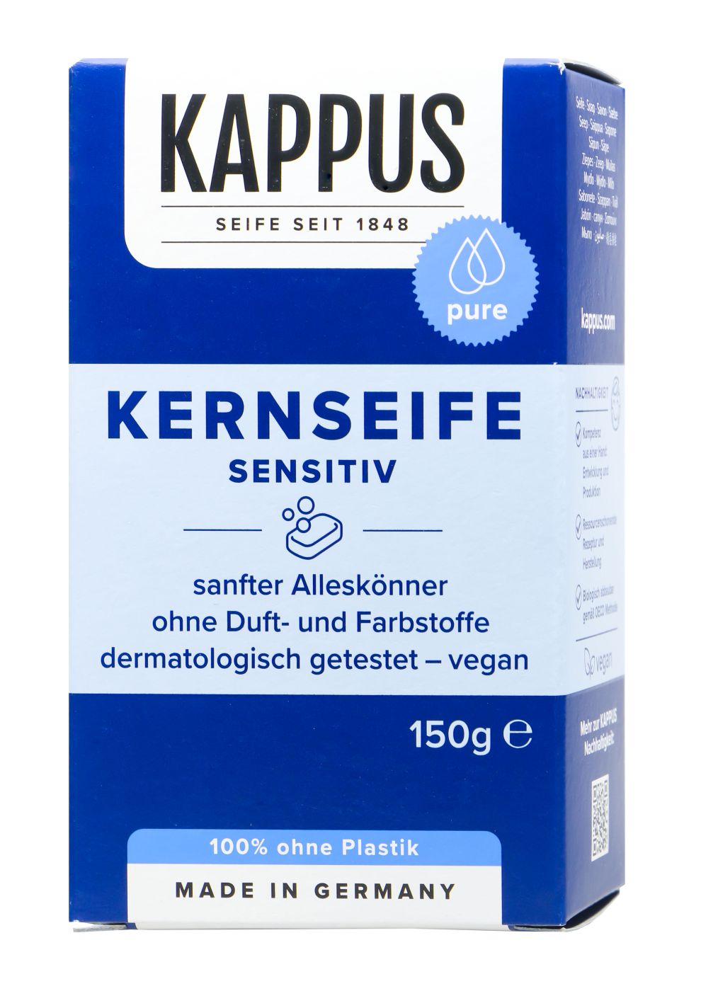 Kappus Kernseife Sensitiv ohne Parfüm, Duft und Farbstoffe, 150 g