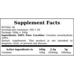 100% Pure Creatine - 500g - Unflavored + 100g FREE