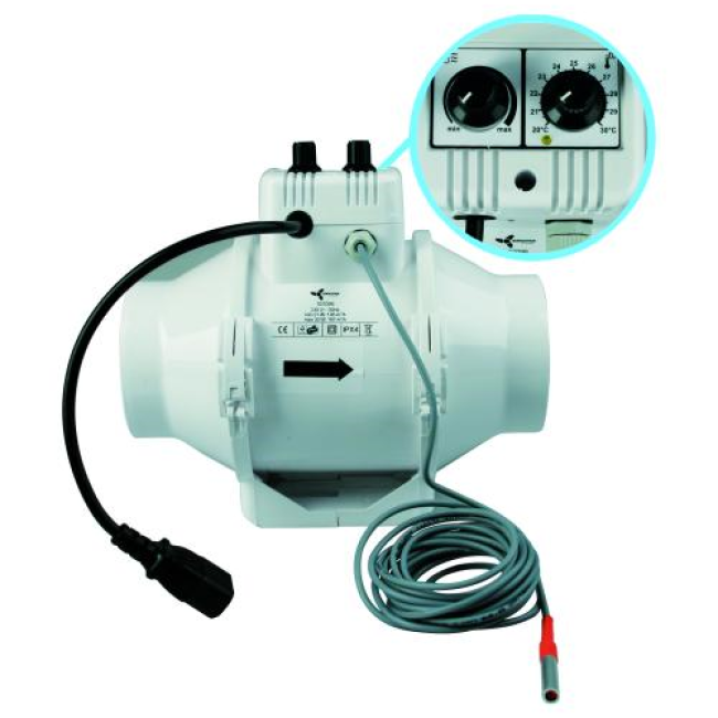 Ventilution Mixed In-Line, 100/187 m³/h, für 100 mm Rohr, mit eingebautem Regler + Thermostat, IEC Connector