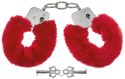 Handschellen, 2 Schlüssel, chrom, Fellüberzug in rot