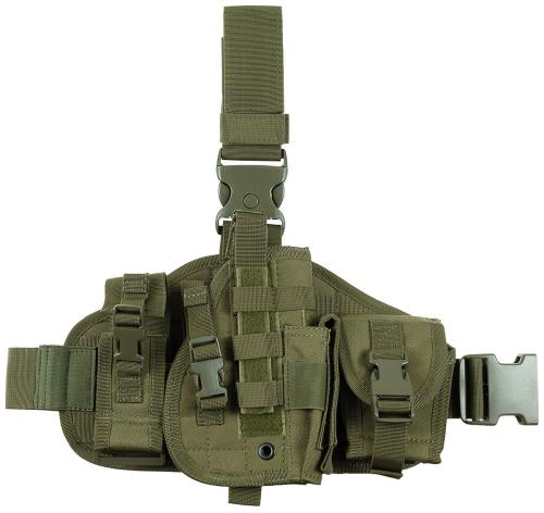 Pistolenbeinholster, "MOLLE", rechts, oliv, mit Taschen