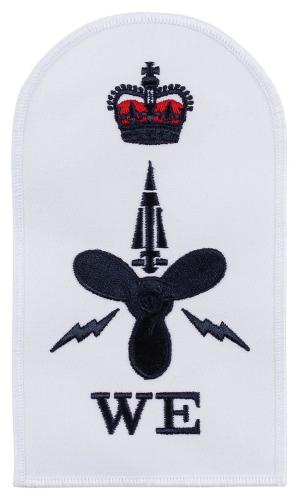 Brit. Stickabzeichen, weiß, "ROYAL NAVY, WE", neuw.