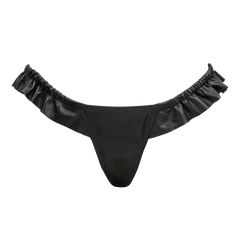 Rimba Bondage Play – Luxus-Leder-String mit Rüschen – Schwarz