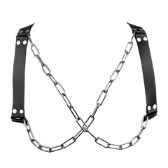 Rimba Bondage Play – Leder-Brustharness mit Ketten – Schwarz & Silber