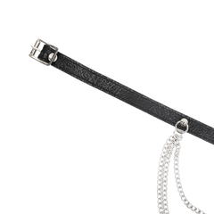 Rimba Bondage Play – Lederhalsband mit Metallketten – Schwarz & Silber