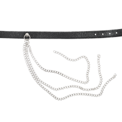 Rimba Bondage Play – Lederhalsband mit Metallketten – Schwarz & Silber