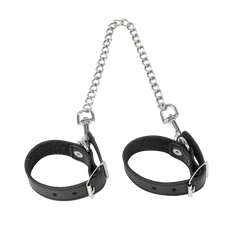 Rimba Bondage Play – Lederhandfesseln mit abnehmbarer Kette – Schwarz & Silber