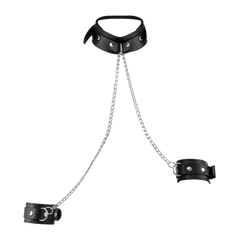 Rimba Bondage Play – Lederfessel-Set mit Halsband und Kette – Schwarz & Silber