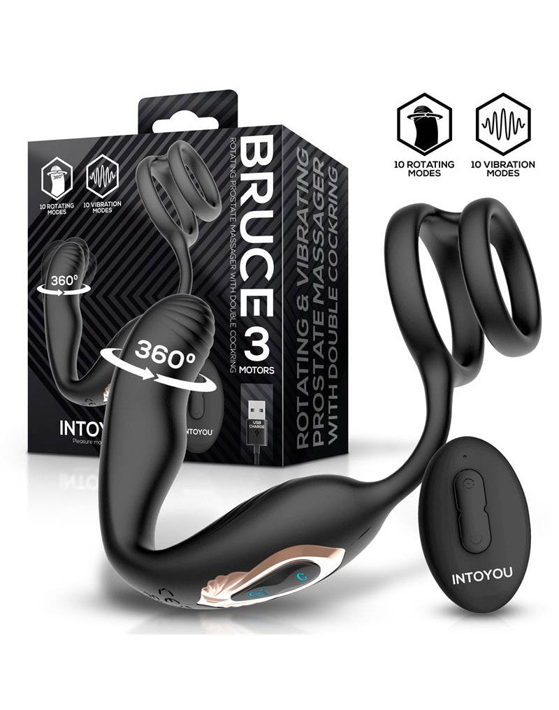 IY – Bruce – Prostatamassagegerät 360° mit doppelter Penisring-Vibration – Schwarz