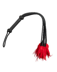 Rimba Bondage Play – Geflochtene Lederpeitsche mit Federn – Schwarz/Rot