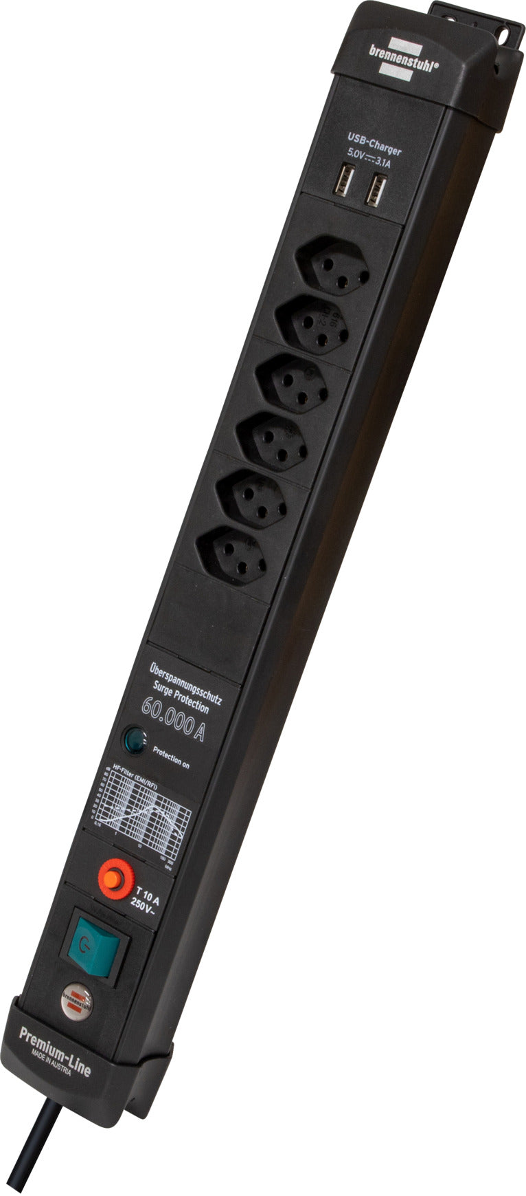 Premium-Line 60.000A Überspannungsschutz-Steckdosenleiste mit 2x USB-Ladefunktion 6-fach schwarz 3m H05VV-F 3G1,5 - Produktbild