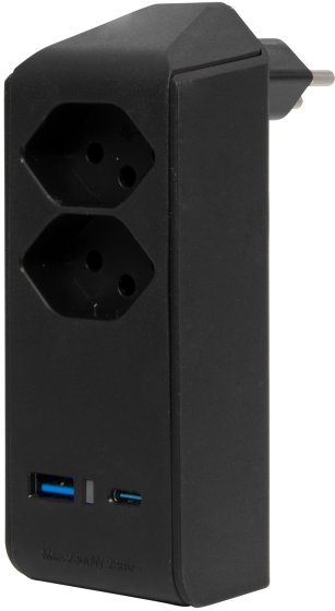 cleverLINE Abzweigstecker 2-fach schwarz mit USB Typ-A und Typ-C, drehbar bis 300° ohne Aufhänger *CH* - Produktbild