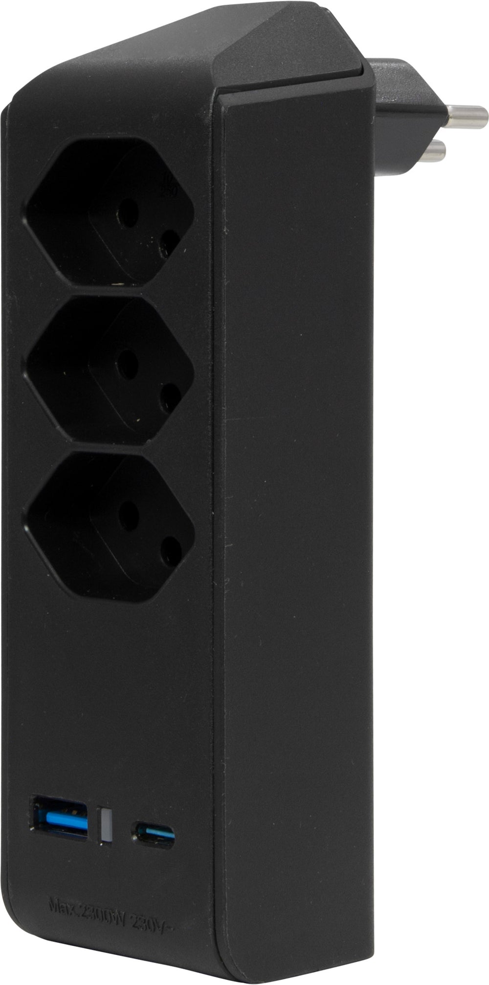 cleverLINE Abzweigstecker 3-fach schwarz mit USB Typ-A und USB Typ-C, drehbar bis 300° ohne Aufhänger *CH* - Produktbild