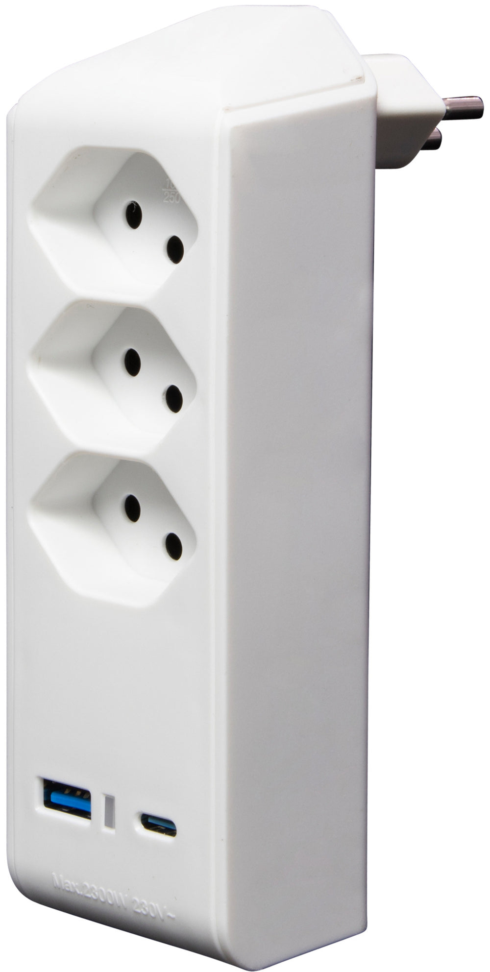 cleverLINE Abzweigstecker 3-fach weiss mit USB Typ-A und USB Typ-C drehbar bis 300° ohne Aufhänger *CH* - Produktbild