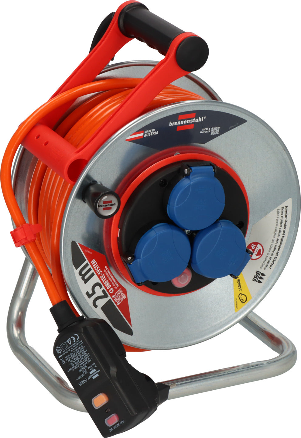 Garant® Kabeltrommel SK 240 mit Bretec und PRCD (30mA), 3x T13 (IP55), 25m AT-N07V3V3-F 3G1,5 orange - Produktbild