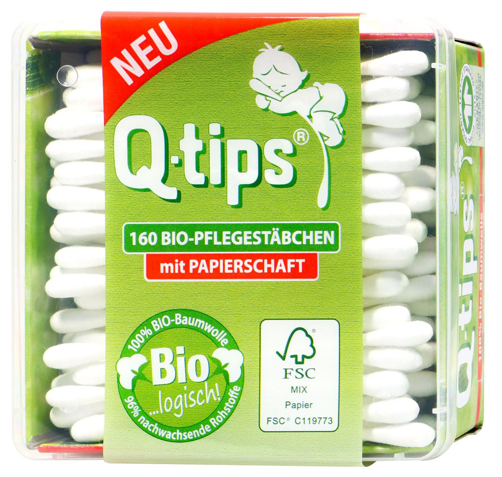 Q-Tips Wattestäbchen 100% Bio-Baumwolle, Papierschaft, Box, 160 er