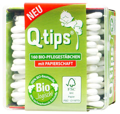 Q-Tips Wattestäbchen 100% Bio-Baumwolle, Papierschaft, Box, 160 er