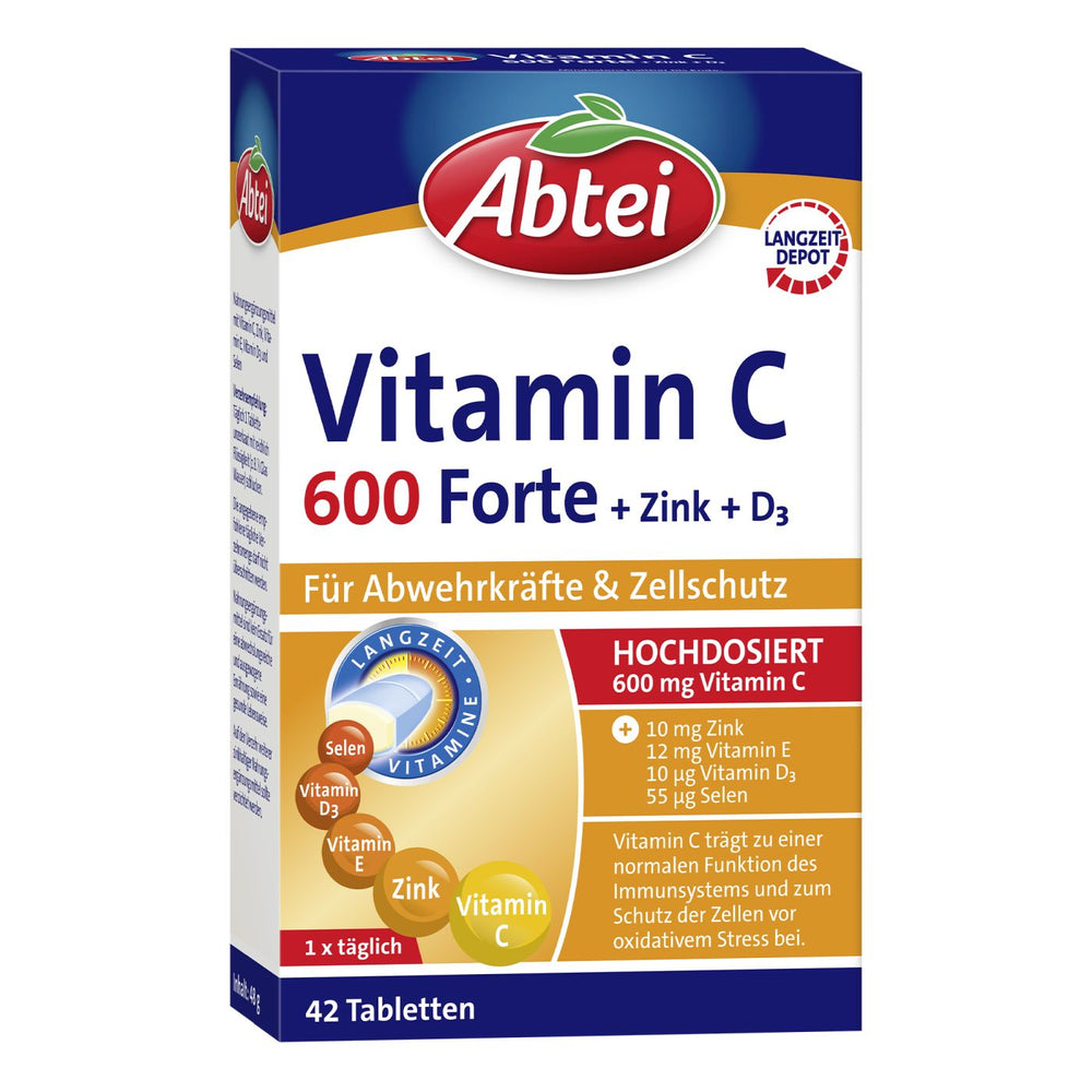 Abtei Vitamin C 600 Forte Plus Zink, Vitamin D3 Tabletten, 42 er