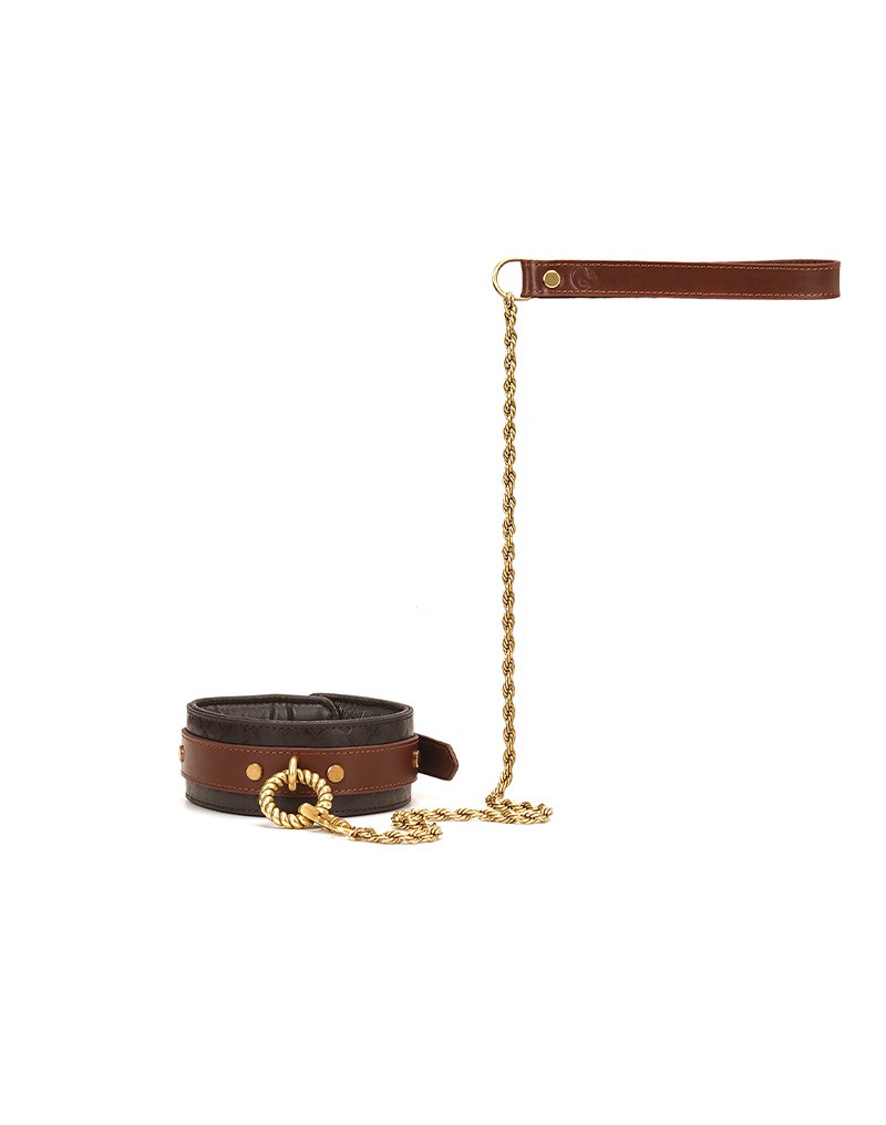Liebe Seele - Lederhalsband mit Leine - Schwarz, Braun & Gold