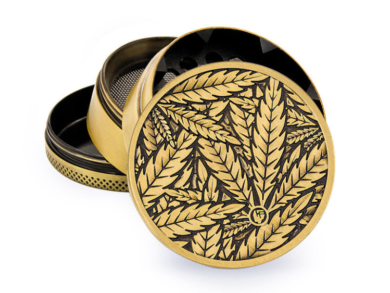 Metal Grinder - 50mm - 4 Layers - Gold - Leaves 33 - Display - 4 Stück