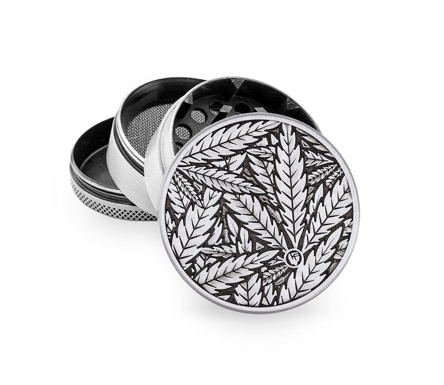 Metal Grinder - 50mm - 4 Layers - Silver - Leaves 33 - Display - 4 Stück