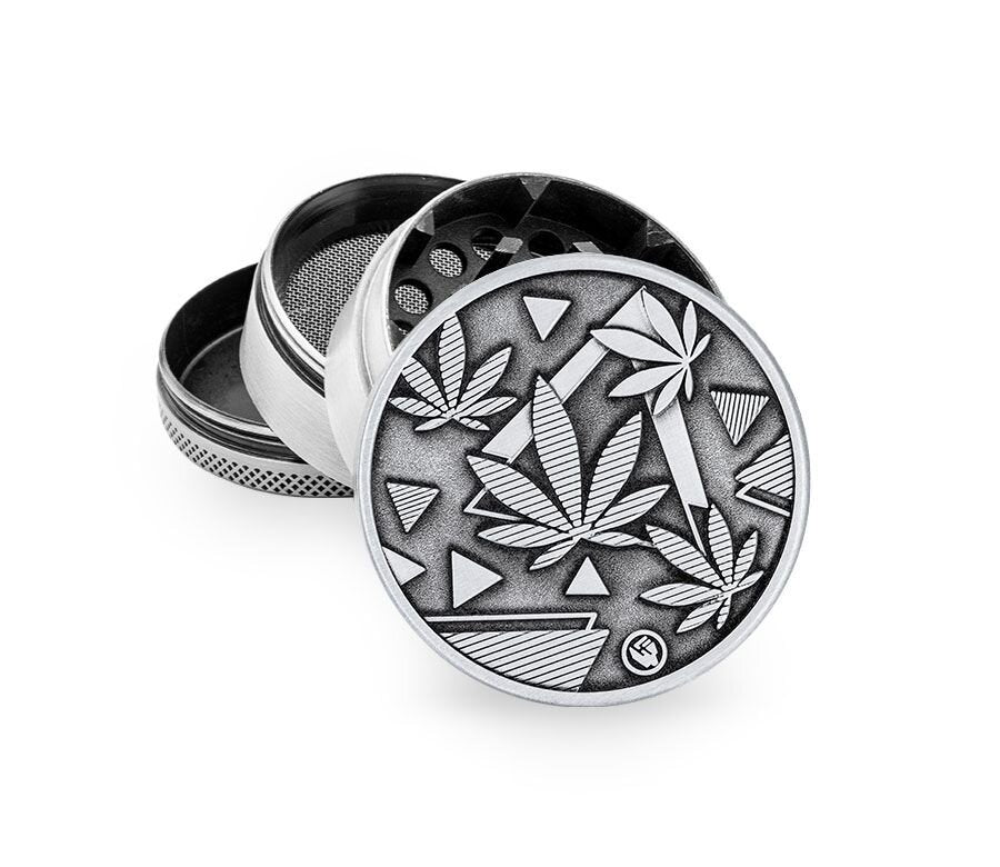 Metal Grinder - 50mm - 4 Layers - Silver - Leaves 37 2 - Display - 4 Stück