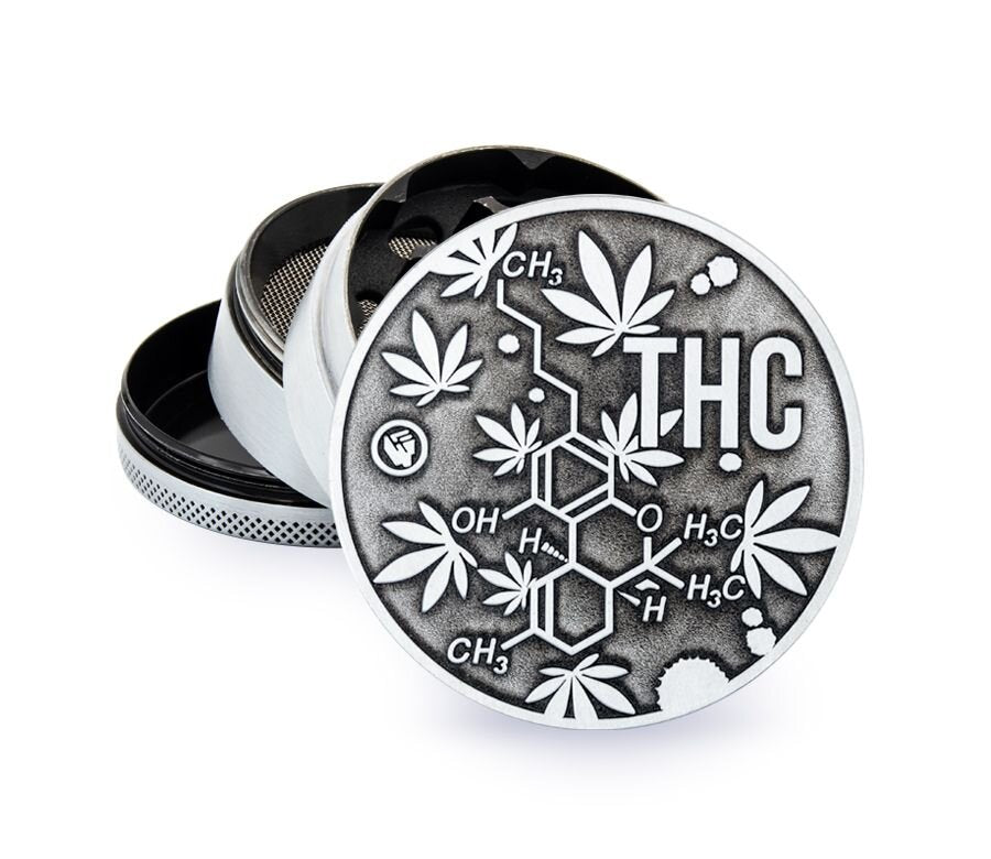 Metal Grinder - 60mm - 4 Layers - Silver - THC Molecules - Display - 4 Stück