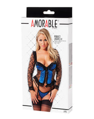 Amorable by Rimba - Korsett mit Bügel, G-String und Strümpfen - Schwarz / Blau