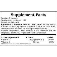 Vitamin D3 4000IU + K2 MK7 - 160tabs.
