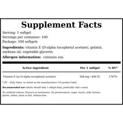 Vitamin E Naturally Sourced - 400 IU - 100softgels.