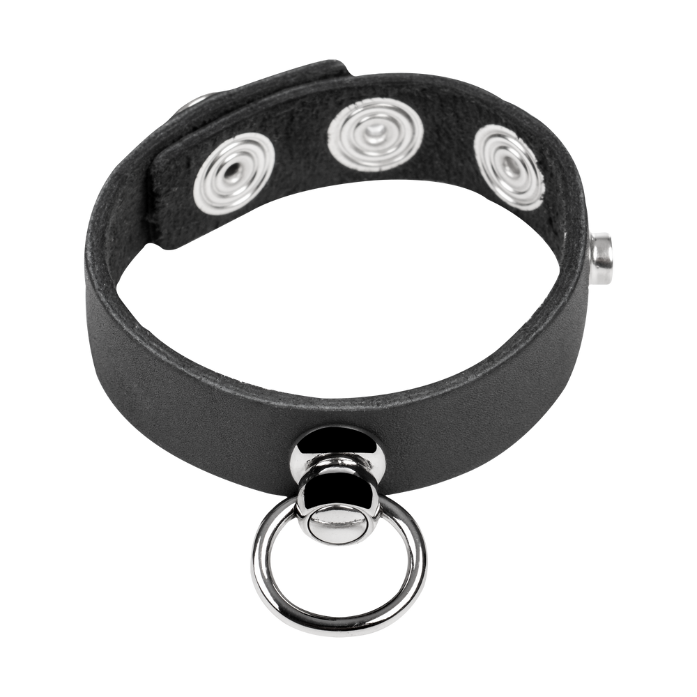 Rimba Bondage Play – Leder-Penisring mit Metall-O-Ring – Schwarz & Silber