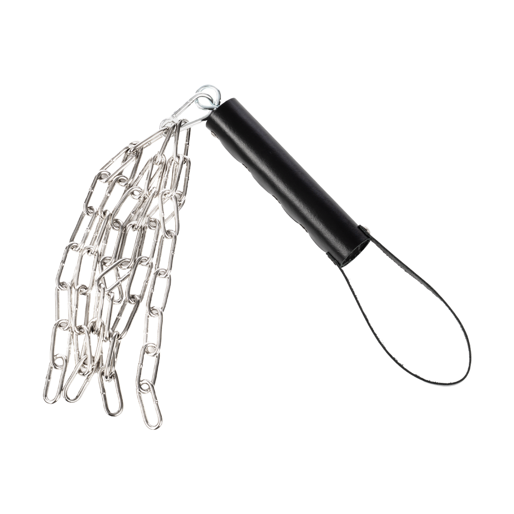 3: Rimba Bondage Play – Lederpeitsche mit Metallkette – Schwarz & Silber