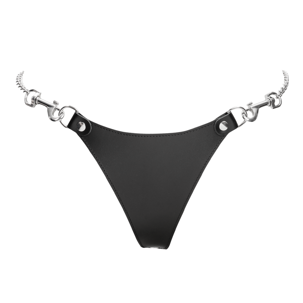 5: Rimba Bondage Play – Leder-String mit abnehmbaren Ketten – Schwarz & Silber