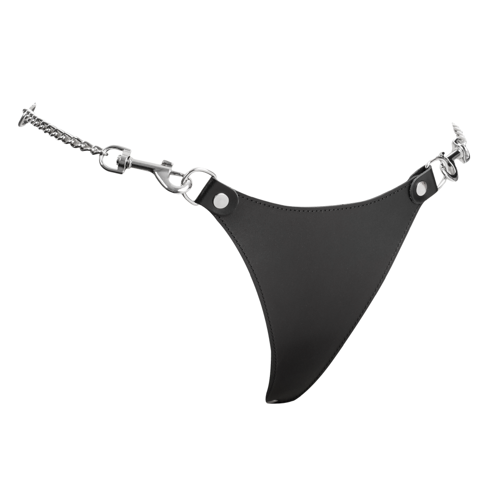 6: Rimba Bondage Play – Leder-String mit abnehmbaren Ketten – Schwarz & Silber