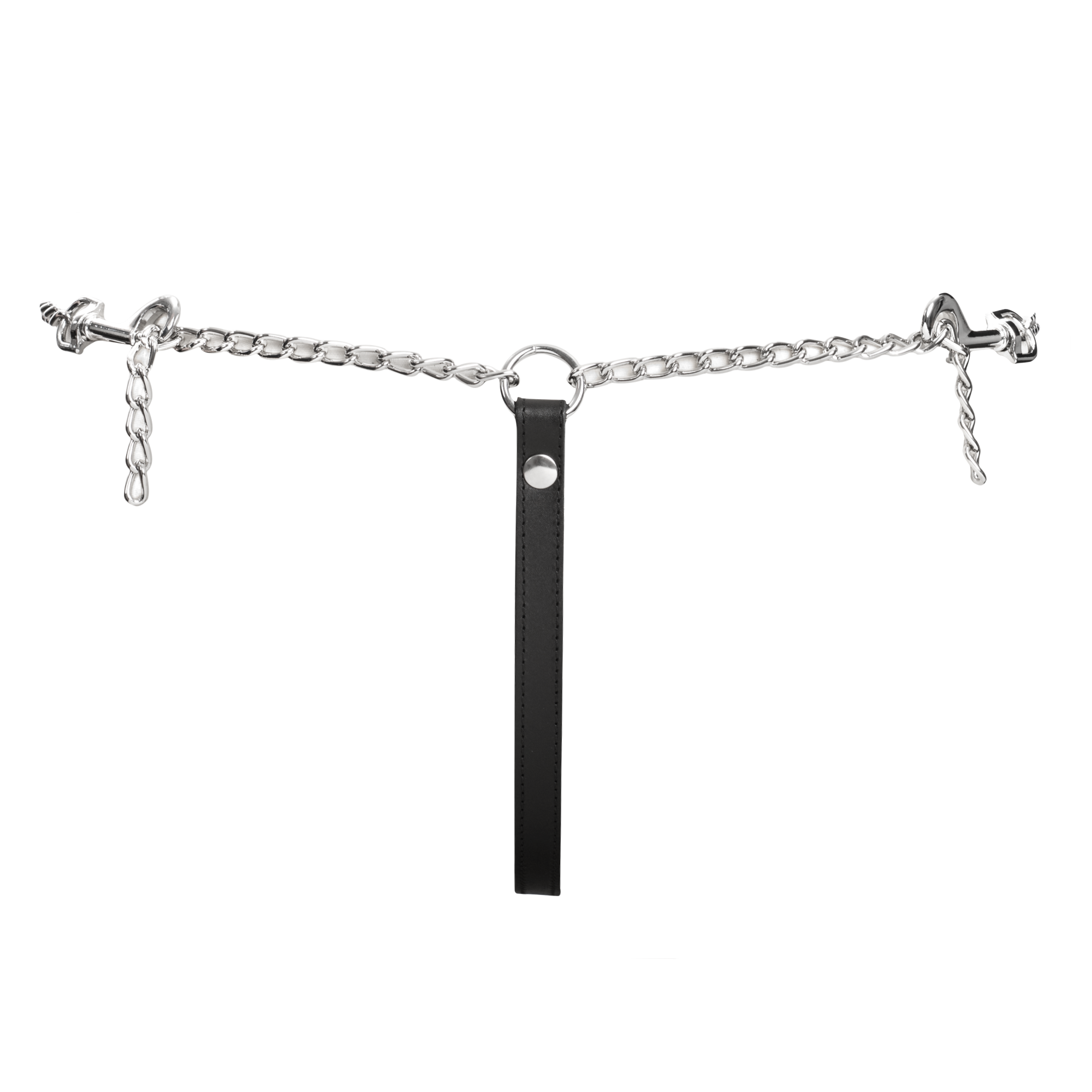 Rimba Bondage Play – Leder-String mit abnehmbaren Ketten – Schwarz & Silber
