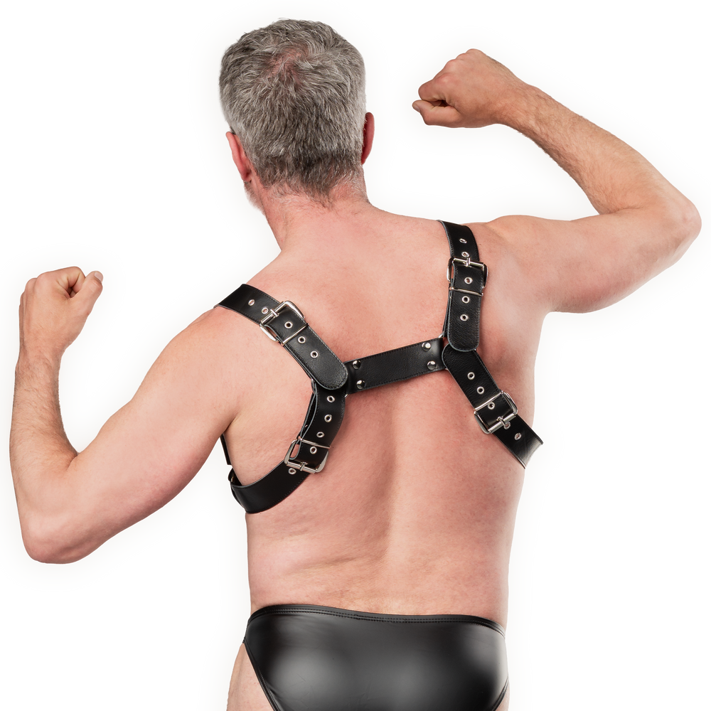 Rimba Bondage Play – Luxus-Brustharness aus Leder mit Taschen – Schwarz