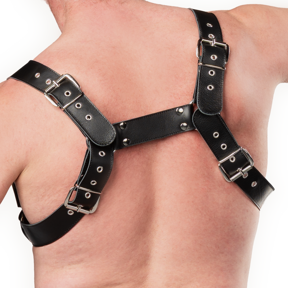 Rimba Bondage Play – Luxus-Brustharness aus Leder mit Taschen – Schwarz