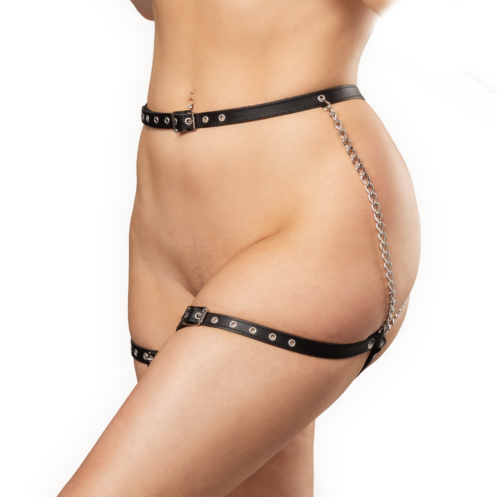 3: Rimba Bondage Play – Bondage-Harnisch aus Leder mit Metallketten – Schwarz & Silber