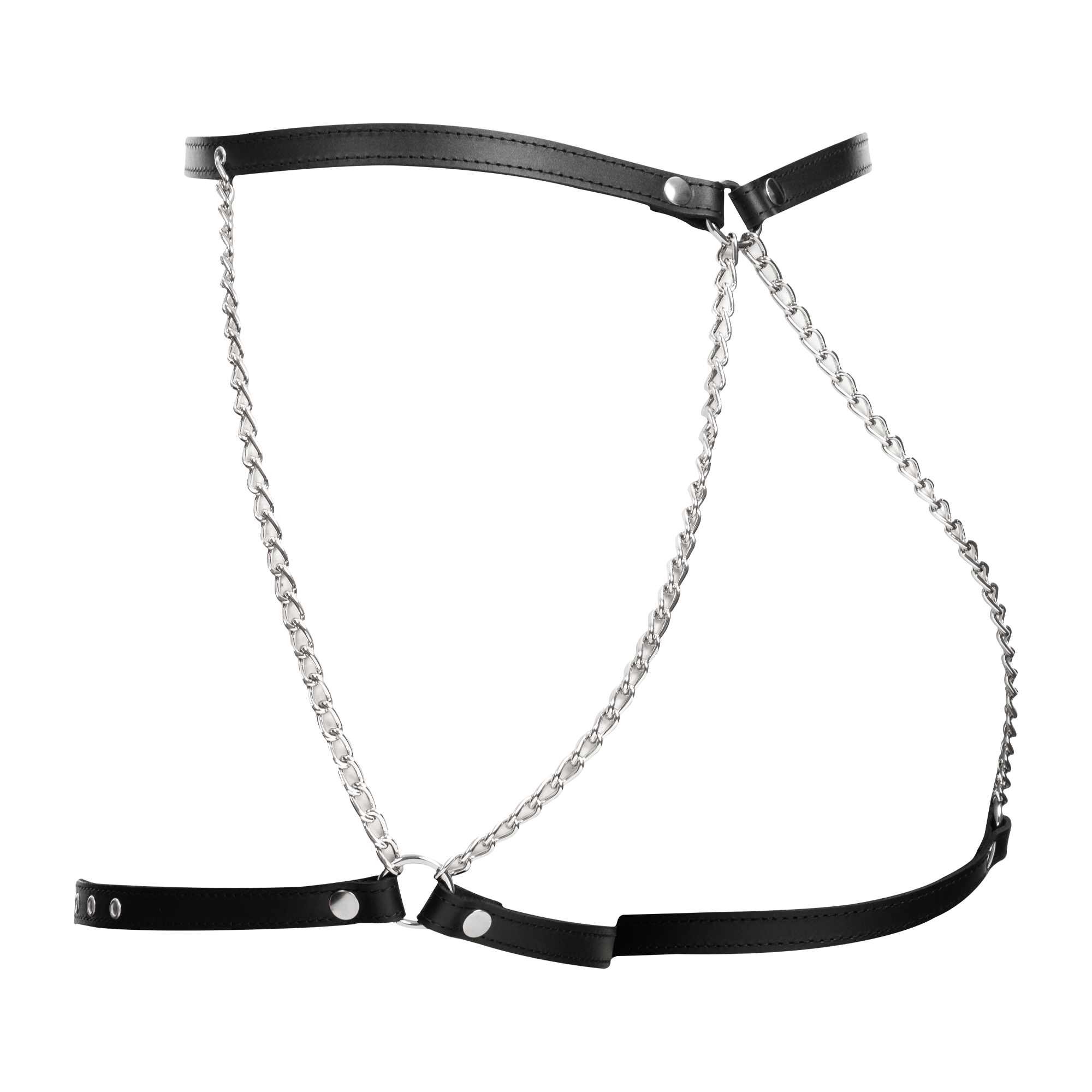 7: Rimba Bondage Play – Bondage-Harnisch aus Leder mit Metallketten – Schwarz & Silber
