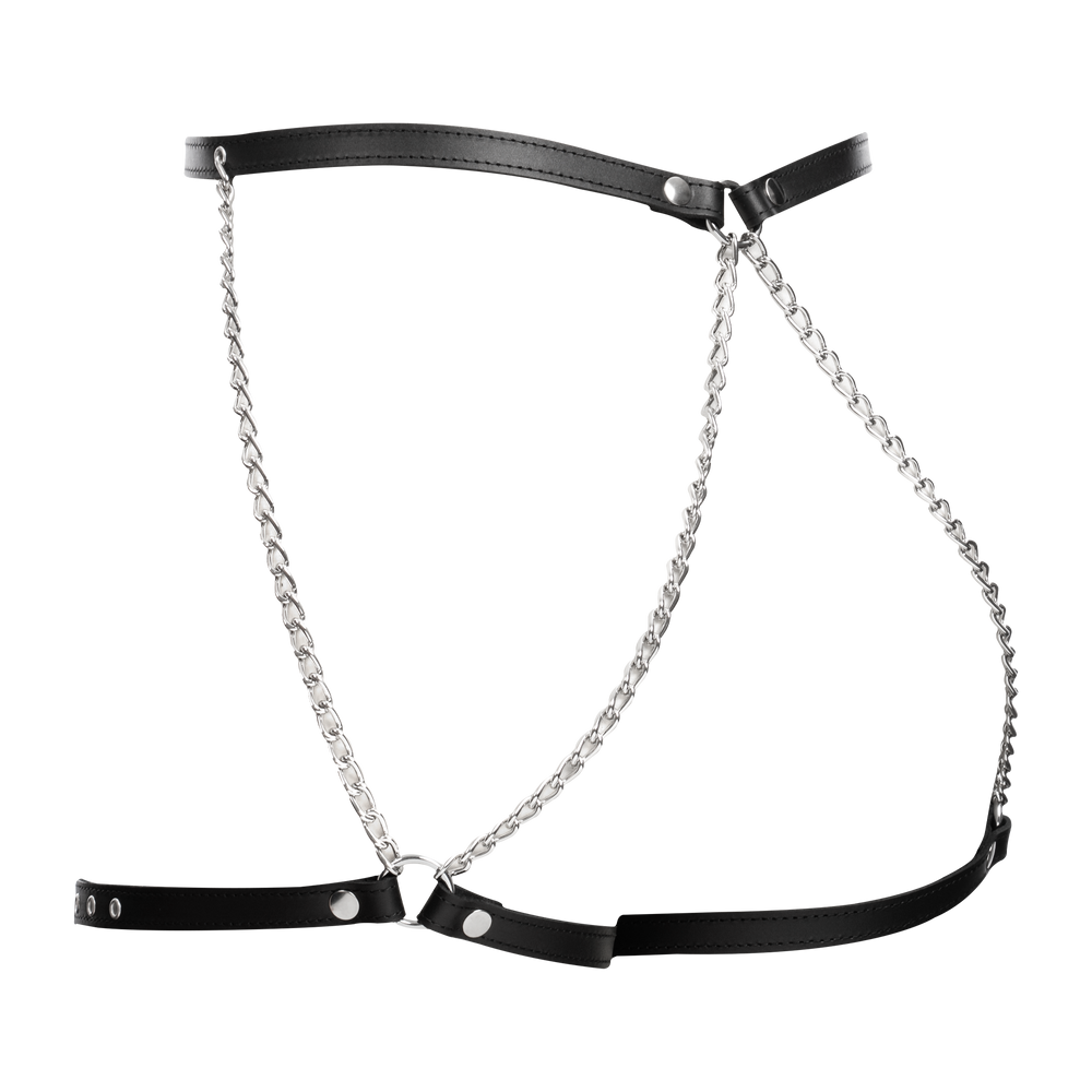 7: Rimba Bondage Play – Bondage-Harnisch aus Leder mit Metallketten – Schwarz & Silber