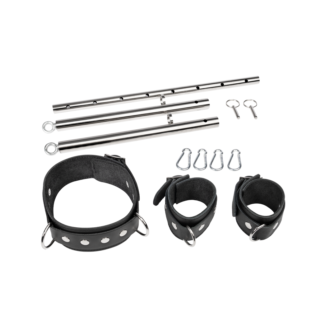 3: Rimba Bondage Play – Verstellbare Spreizstange mit Hals- und Handfesseln – Schwarz & Silber