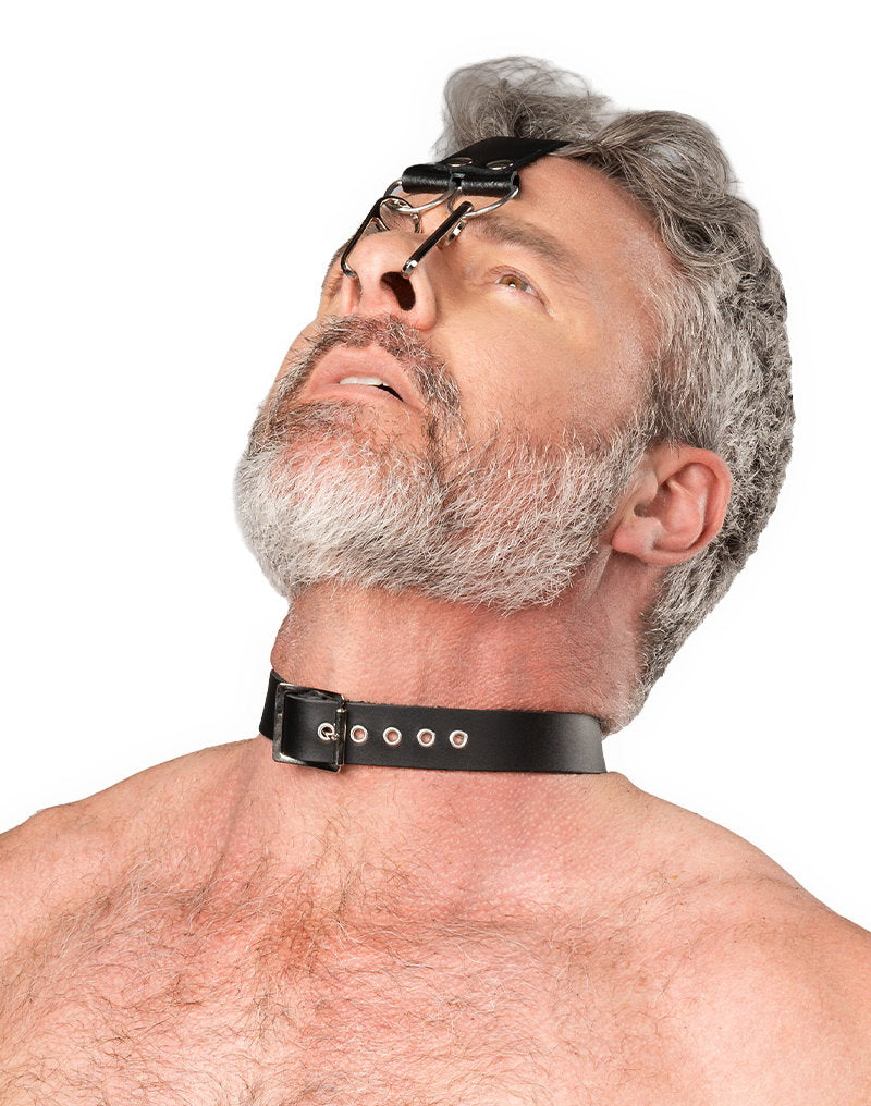 Rimba Bondage Play – Leder-Kopfharnisch mit Nasenhaken – Schwarz