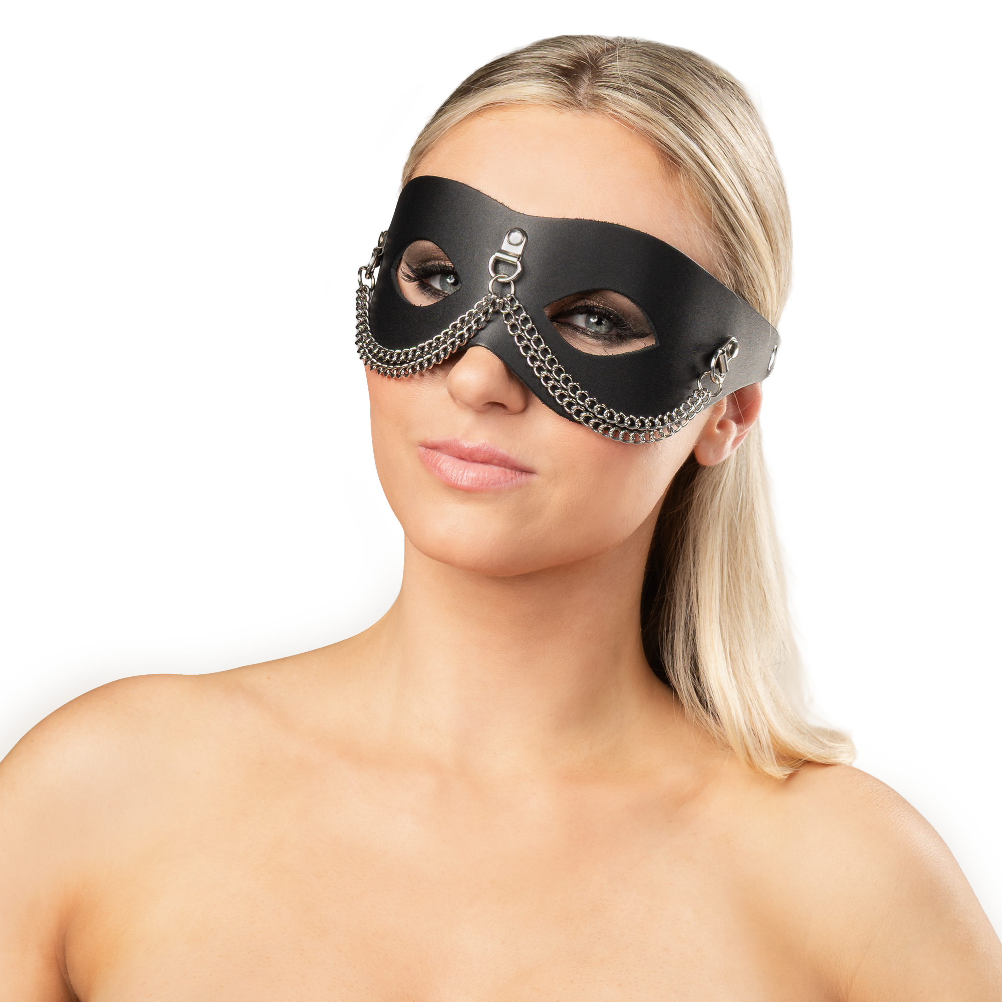 3: Rimba Bondage Play – Ledermaske mit Kettenverzierung – Schwarz & Silber