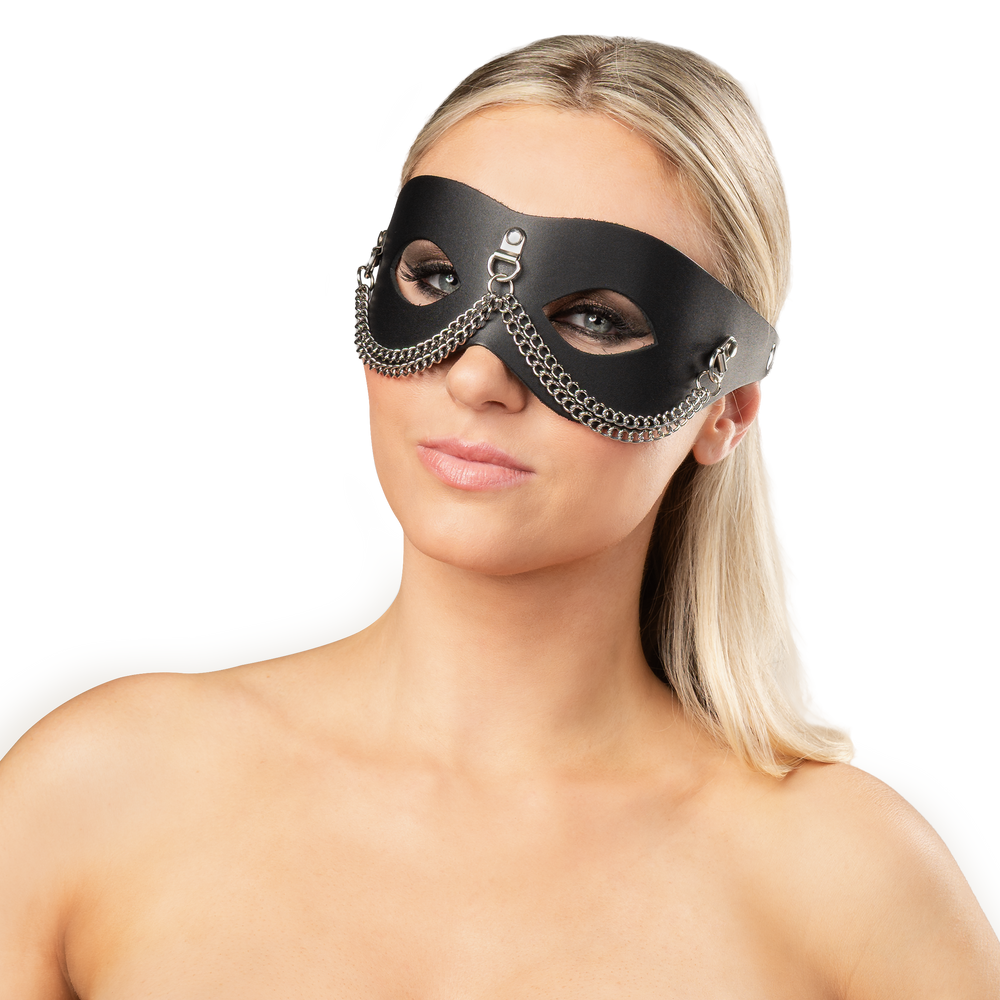 3: Rimba Bondage Play – Ledermaske mit Kettenverzierung – Schwarz & Silber