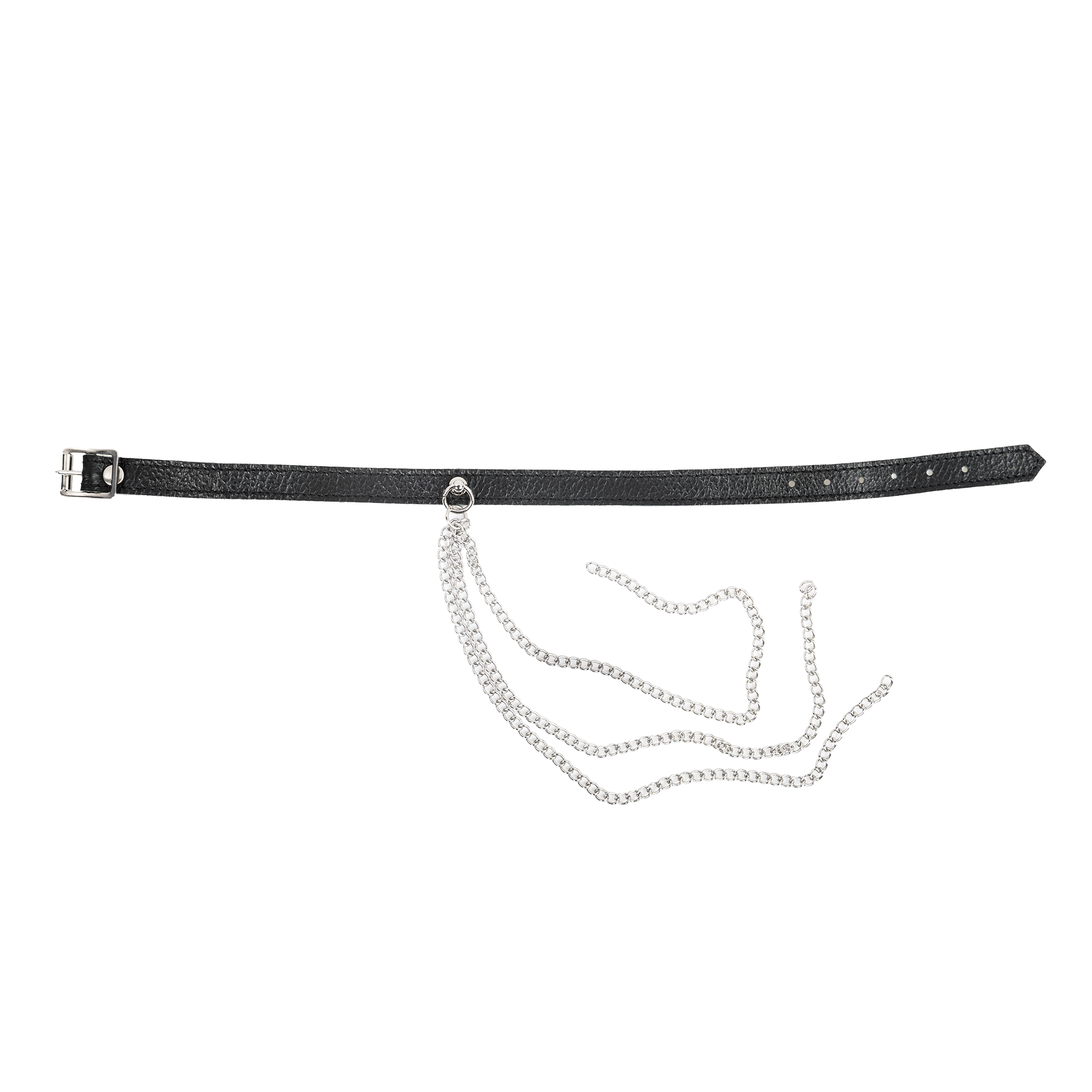 Rimba Bondage Play – Lederhalsband mit Metallketten – Schwarz & Silber