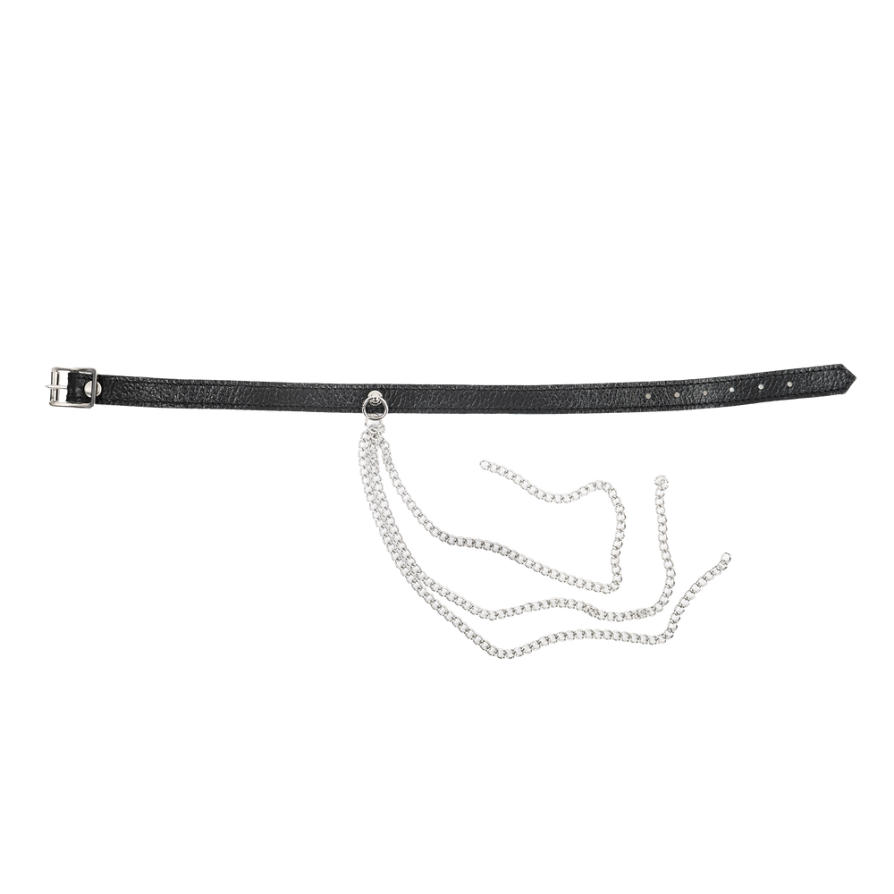 Rimba Bondage Play – Lederhalsband mit Metallketten – Schwarz & Silber